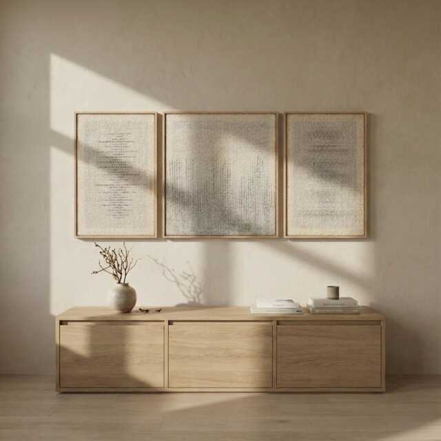 Woven Wall Tapestry Set - Elegant Framed Art Oak Minimalist Decor Modern Textile Mist Triptych - image 1