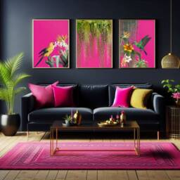 Hot Pink Maximalist Tropical Bird Prints - Jungle Botanical Wall Art Set