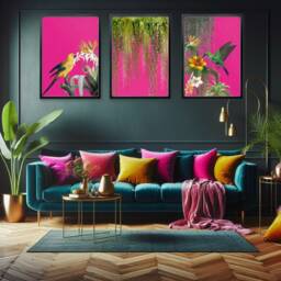 Hot Pink Maximalist Tropical Bird Prints - Jungle Botanical Wall Art Set - thumbnail 3