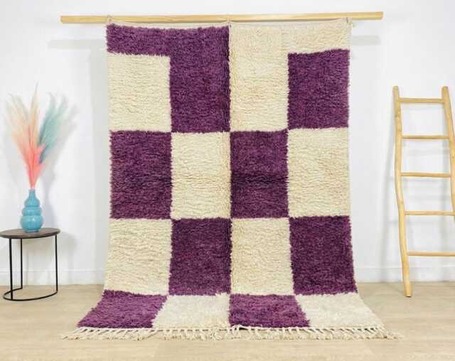 Purple & Cream Checkered Moroccan Rug - Handmade Geometric Berber Shag Carpet Large Area Plum Block Wool Decor