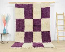 Purple & Cream Checkered Moroccan Rug - Handmade Geometric Berber Shag Carpet Large Area Plum Block Wool Decor - thumbnail 1