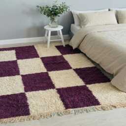 Purple & Cream Checkered Moroccan Rug - Handmade Geometric Berber Shag Carpet Large Area Plum Block Wool Decor - thumbnail 3