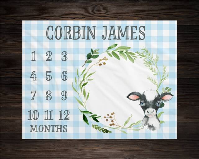 Milestone Blanket Personalized Monthly Growth Tracker Custom Baby Shower Gift For New Mom Gingham Plaid Newborn Nursery Cow - image 1