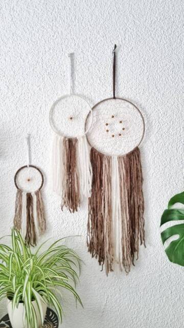 Boho Dreamcatcher Set Of 3, Brown & White With Yarn Falls, Wallhanging Homedecor - image 1