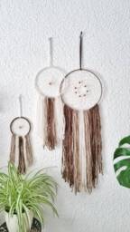 Boho Dreamcatcher Set Of 3, Brown & White With Yarn Falls, Wallhanging Homedecor - thumbnail 1