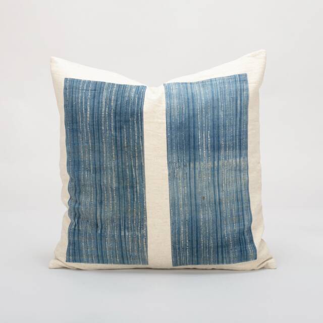 Vintage Hmong Indigo Batik Pillow Cover Rustic Hemp Cushion, 20x20 - image 1