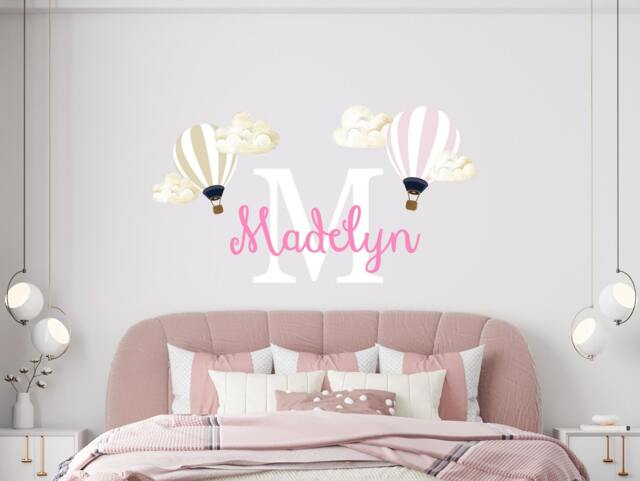 Clouds Personalized Name Wall Decal. Hot Air Balloon Decoration For Baby Room. Kids & Monogram Sticker Nursery Decor R47 - image 1