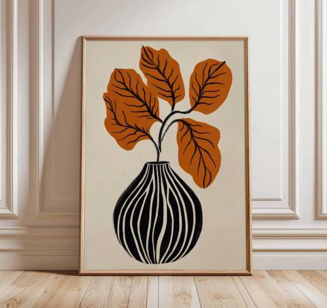 Minimalist Vase Wall Art Print, Modern Botanical Poster, Abstract Leaf Artwork, Scandinavian Boho Home Decor - image 1
