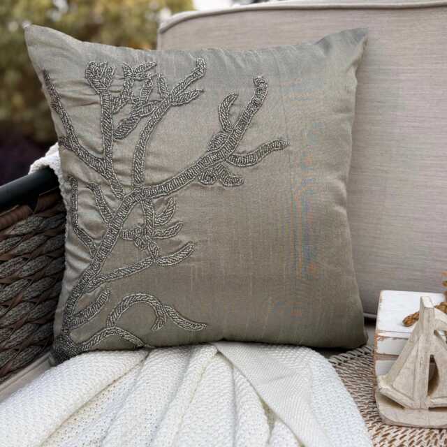 Gray Silver Beaded Sea Creature Art Silk, Beach Style Throw Pillow Cover/Euro Sham - Coral Adornment - image 1