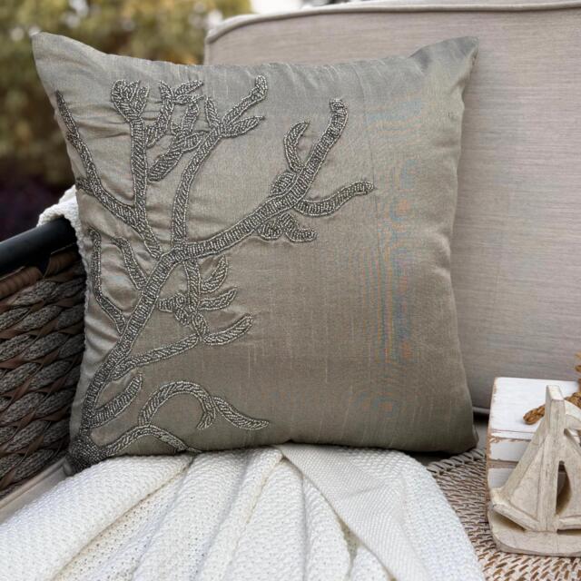 Gray Silver Beaded Sea Creature Art Silk, Beach Style Throw Pillow Cover/Euro Sham - Coral Adornment - image 1