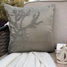 Gray Silver Beaded Sea Creature Art Silk, Beach Style Throw Pillow Cover/Euro Sham - Coral Adornment - thumbnail 1