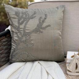 Gray Silver Beaded Sea Creature Art Silk, Beach Style Throw Pillow Cover/Euro Sham - Coral Adornment - thumbnail 1