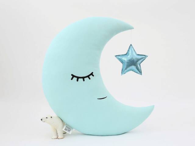 Mint Blue Crescent Moon Cushion For Nursery Decor, Baby Shower Gift Idea Dreamy Pillow Newborn Girl Infant Boy Bed Kids Teepee Children - image 1