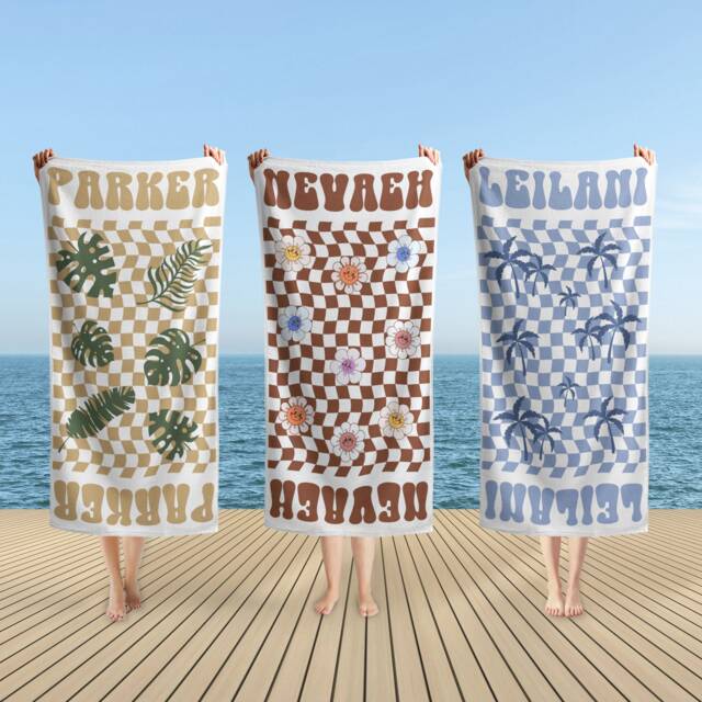 Smiley Floral Personalized Beach Towel, Name Bath Custom Towel With Name, Outside Birthday Vacation Gift Pool Parties Towels - image 1
