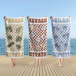 Smiley Floral Personalized Beach Towel, Name Bath Custom Towel With Name, Outside Birthday Vacation Gift Pool Parties Towels - thumbnail 1