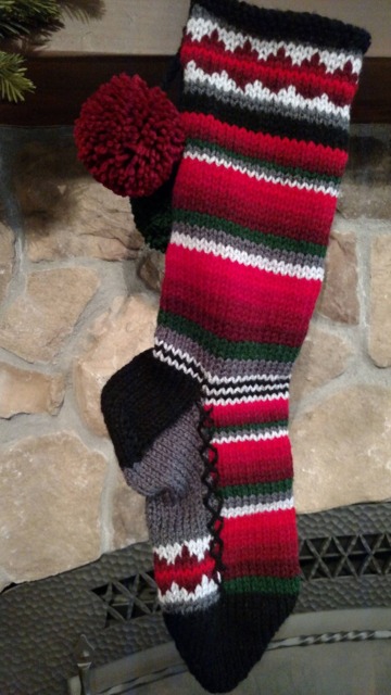 Hand Knit Christmas Stocking Gray Red Green Stripes Diamond Border By Santa's Works - image 1