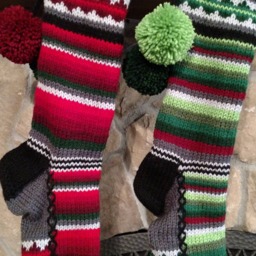 Hand Knit Christmas Stocking Gray Red Green Stripes Diamond Border By Santa's Works - thumbnail 3
