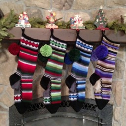 Hand Knit Christmas Stocking Gray Red Green Stripes Diamond Border By Santa's Works - thumbnail 4