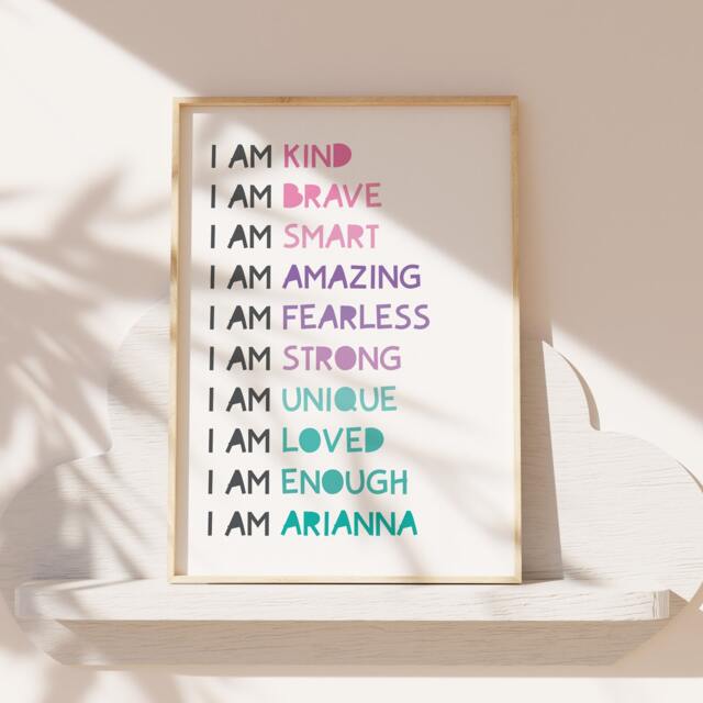 Girls Affirmation Print, I Am, Positive, Personalised, Affirmations, Pink Purple Teal, Wall Art, Bedroom Decor, Playroom, Loved - image 1