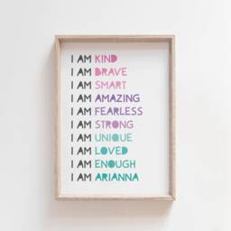 Girls Affirmation Print, I Am, Positive, Personalised, Affirmations, Pink Purple Teal, Wall Art, Bedroom Decor, Playroom, Loved - thumbnail 2