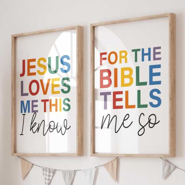 Jesus Loves Me Print, Kids Christian Wall Art, Nursery Prints, Bible Verse Girls Bedroom Decor, Rainbow Prints Set Of 2 - image 1