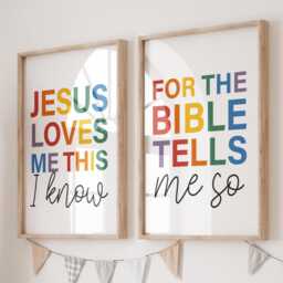 Jesus Loves Me Print, Kids Christian Wall Art, Nursery Prints, Bible Verse Girls Bedroom Decor, Rainbow Prints Set Of 2 - thumbnail 1