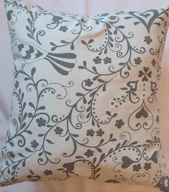 Cream/Grey Modern Bird, Flower & Heart Cotton Cushion Cover Pillow