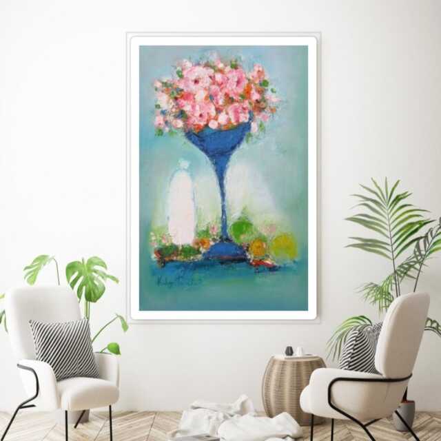 Floral Still Life Gicl??e Canvas Print Turquoise Blue Vase & Pink Roses, Modern Farmhouse Kitchen Dining Wall Decor - image 1