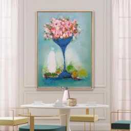 Floral Still Life Gicl??e Canvas Print Turquoise Blue Vase & Pink Roses, Modern Farmhouse Kitchen Dining Wall Decor - thumbnail 3