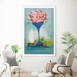 Floral Still Life Gicl??e Canvas Print Turquoise Blue Vase & Pink Roses, Modern Farmhouse Kitchen Dining Wall Decor - thumbnail 1