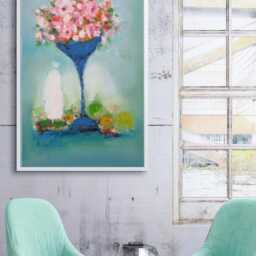 Floral Still Life Gicl??e Canvas Print Turquoise Blue Vase & Pink Roses, Modern Farmhouse Kitchen Dining Wall Decor - thumbnail 2