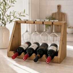 Wooden Wine Rack With Glass Holder, 4-Bottle Countertop Storage