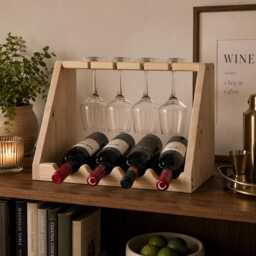Wooden Wine Rack With Glass Holder, Handmade 4 Bottle Countertop Rack, Custom Wood Storage, Rustic Kitchen Bar Gift - thumbnail 2