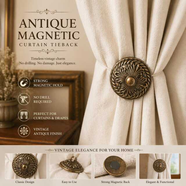 Antique Brass Curtain Tieback Magnetic Vintage Holdback No Drill Classic Drapery Clip Retro Accessory - image 1