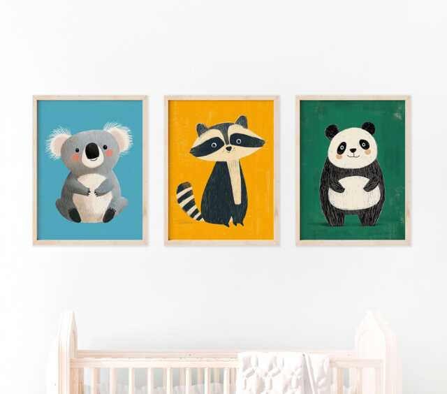 Animal Prints Set Koala, Panda, Raccoon - Nursery Wall Art - image 1