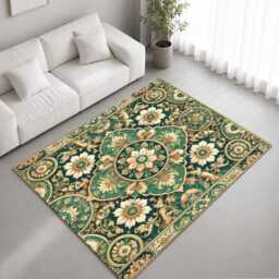 Emerald Green Gold Ornate Floral Medallion Rug Non-Slip Soft Area Carpet Bedroom Living Room Hallway Mat Decor - Made in UK - thumbnail 1