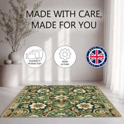 Emerald Green Gold Ornate Floral Medallion Rug Non-Slip Soft Area Carpet Bedroom Living Room Hallway Mat Decor - Made in UK - thumbnail 2