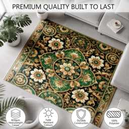 Emerald Green Gold Ornate Floral Medallion Rug Non-Slip Soft Area Carpet Bedroom Living Room Hallway Mat Decor - Made in UK - thumbnail 3