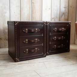 Vintage Leather Trunk Nightstands Pair, Chestnut Hardwood Framed, English Handmade Storage - 50x60cm - thumbnail 1