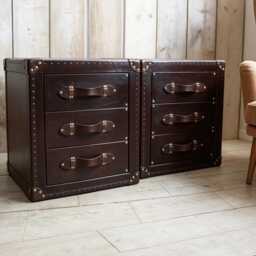 Vintage Leather Trunk Nightstands Pair, Chestnut Hardwood Framed, English Handmade Storage - 50x60cm - thumbnail 2
