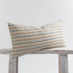 Woven Cotton Lumbar Pillow Cover, Pastel Striped, Bamboo Reverse - thumbnail 3