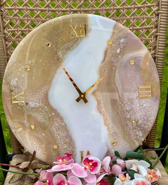Handmade Epoxy Resin Wall Clock Coffee Lavender Tones, Natural Stones - image 1