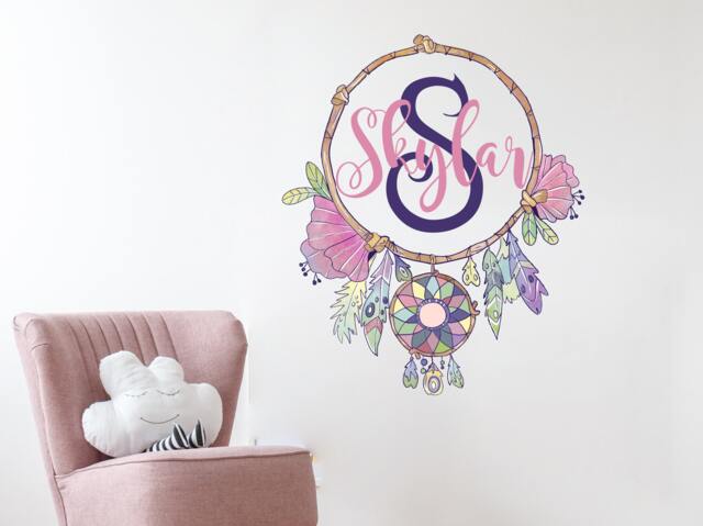 Dream Catcher With Custom Name Wall Decal. Monogram Sticker. Bohemian Art. Nursery Decor. Boho Feather Decal R154 - image 1