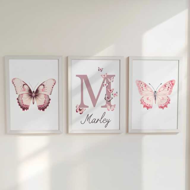 Personalised Pink Butterflies Set Of 3 Nursery Wall Art For Baby Girls Room, Custom Bedroom Prints, Playroom Decor, Butterfly Poster - image 1