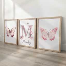 Personalised Pink Butterflies Set Of 3 Nursery Wall Art For Baby Girls Room, Custom Bedroom Prints, Playroom Decor, Butterfly Poster - thumbnail 2