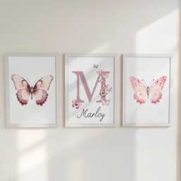 Personalised Pink Butterflies Set Of 3 Nursery Wall Art For Baby Girls Room, Custom Bedroom Prints, Playroom Decor, Butterfly Poster - thumbnail 1