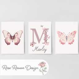Personalised Pink Butterflies Set Of 3 Nursery Wall Art For Baby Girls Room, Custom Bedroom Prints, Playroom Decor, Butterfly Poster - thumbnail 3