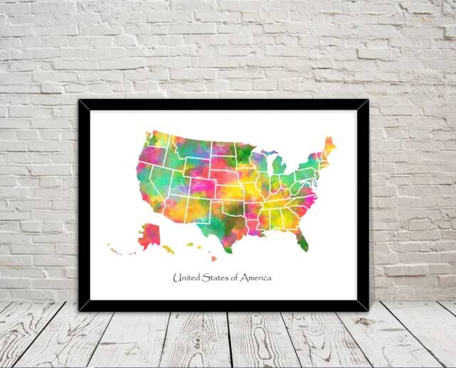 Usa Art Watercolour Illustration Map Abstract Print Wall Home Decor Giclee Print Office Living Room