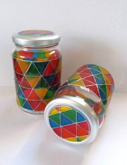 Handpainted Upcycled Glass Jars, Hand Painted in Geometric, Mosaic, Triangle Shapes Rainbow Colours - image 1