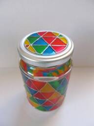 Handpainted Upcycled Glass Jars, Hand Painted in Geometric, Mosaic, Triangle Shapes Rainbow Colours - thumbnail 3